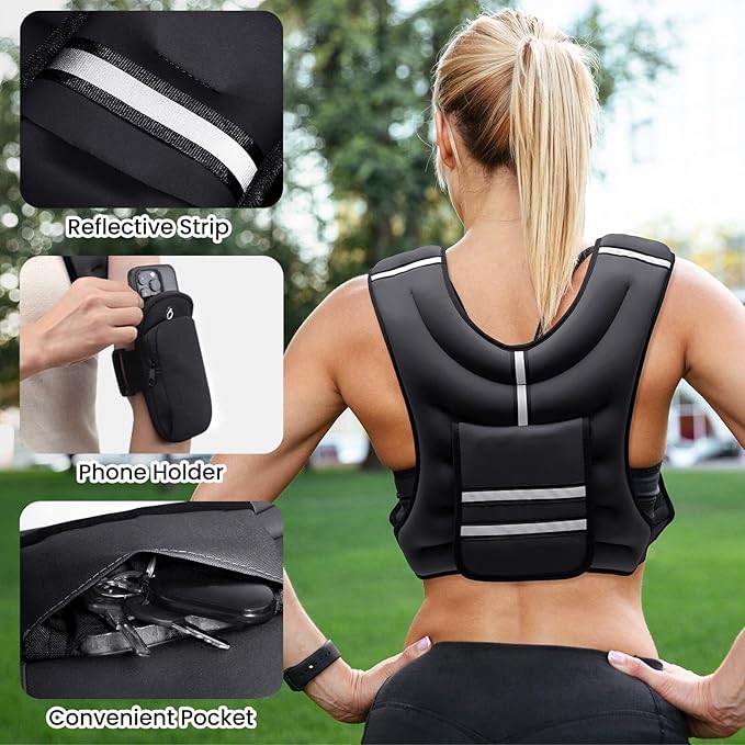 Fragraim Adjustable Weighted Vest for Women Men, 8-12lb/14-18lb/20-24lb/26-30lb Weight Vest with 4 Removable Iron Weights, Phone Holder and Back Pocket, Vest for Walking,Strength Training, Running