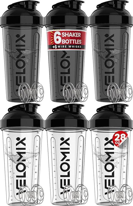 -6 PACK- 28 OZ Protein Shaker Bottles for Protein Mixes, Shaker Cups for Protein Shakes, Small Shaker Bottle Pack, Shaker Cup, Shakers for protein Shakes (Clear Core Set)