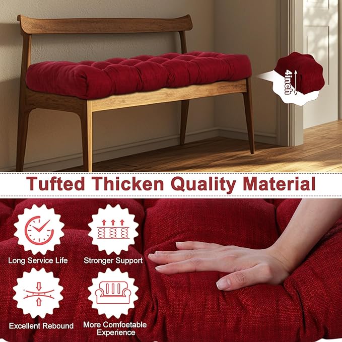 2 Pack Outdoor Bench Cushion Patio Waterproof Porch Swing Cushions Tufted Memory Foam Bench Seat Pads Thicken Non Slip for Outside Indoor Garden Furniture Wicker Loveseat Settee(Burgundy,42x16 Inch)