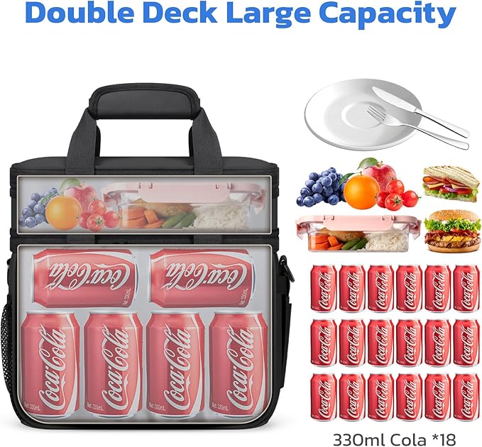 Maelstrom Lunch Box, 20L Insulated Lunch Bag for Men Women, Expandable Double Deck Leakproof Cooler Bag with 6 Pockets, Reusable Lunch Tote Bag for Work, Picnic, Travel, Black