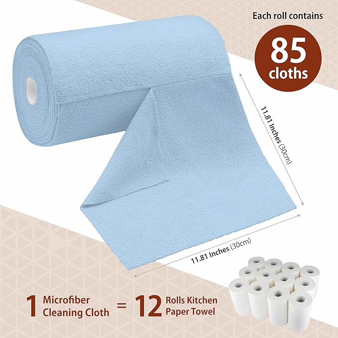 H4N Microfiber Cleaning Cloth Roll, 85 Pack Micro Fiber Cloth for Cleaning, Tear Away Towels, Ultra Absorbent, Non-Abrasive, Reusable and Washable Cleaning Supplies, 11.81" x 11.81", Blue