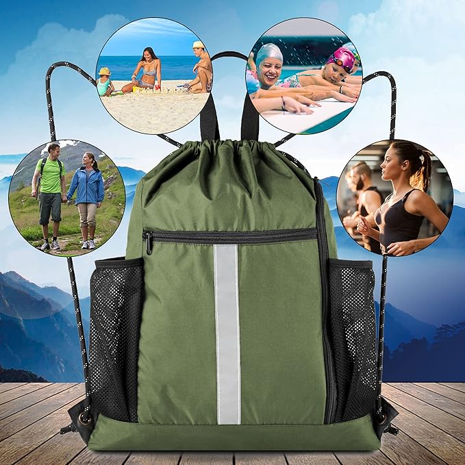 BeeGreen Moss Green Drawstring Bag Pack Sport Cinch Sack with Shoe Compartment and Two Side Mesh Pockets Heavy Duty Gym String Backpack for Unisex