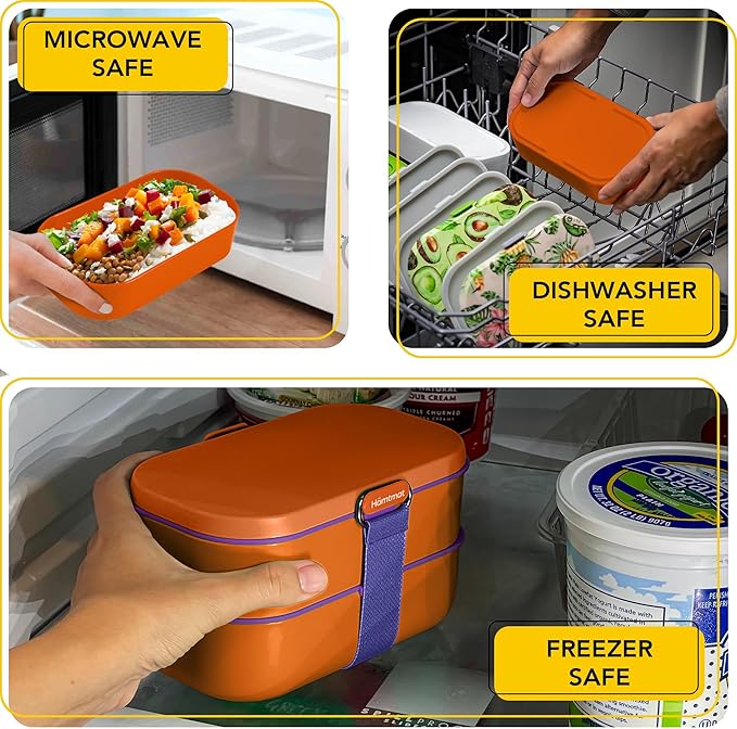 Insulated Stackable Bento Box for Adults with Reusable Chopsticks Japanese Lunch Box Microwavable & Leak Proof Lunch Containers for Men & Women Modern Cute Food Container with Compartments (Orange)
