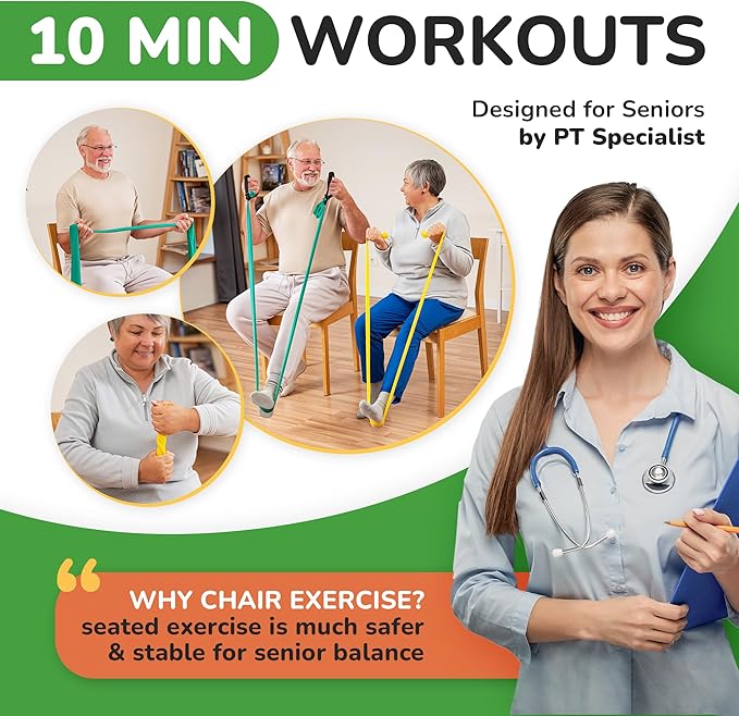 Chair Exercise Program with Two Resistance Bands, Handles and Printed Exercise Guide. Suitable for Rehab or Physical Therapy. Thoughtful Gift for Grandma or Grandpa