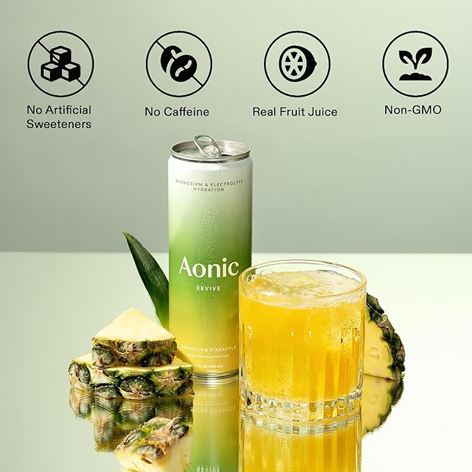 Aonic Revive Sparkling Pineapple – Magnesium + Potassium Electrolyte Hydration Drink, Delicious Taste, Real Fruit Juice, 12oz (12 Pack)