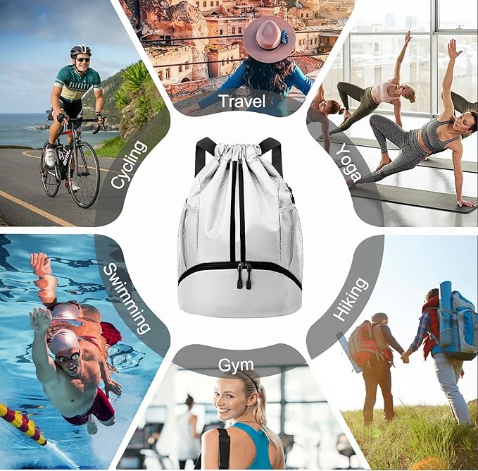 Hoedia Sports Drawstring Backpack - String Swim Gym Bag with Shoes Compartment and Wet Proof Pocket for Women and Men