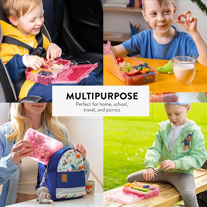 Snack Box Containers Set of 2-Reusable,100 Dissolvable Labels, 8 Adjustable Compartments, Dishwasher Safe, BPA-Free, Meal Prep Container, PARENT TESTED PARENT APPROVED AWARD (2 Pack) (Pink)