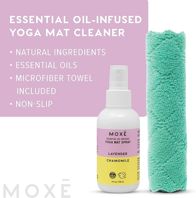 MOXE Yoga Mat Cleaner Lavender & Chamomile Essential Oils, 4 ounces, Safe for All Mats & Exercise Equipment, Odor & Sweat Protection, Made in USA