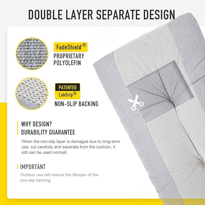 SUNROX LokGrip Non Slip Tufted Memory Foam Bench Cushion, FadeShield Water Resistant Durable Thicken Outdoor/Indoor Bench Seat Pads 42x16x4 inch, Heather Grey