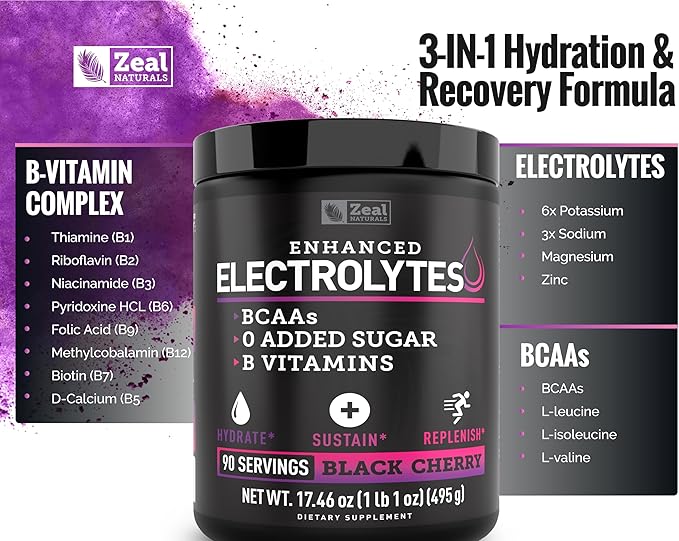 Zeal Naturals Electrolyte Powder Recovery Drink (90 Servings | Black Cherry) w/ 0 Sugar +BCAAs +B-Vitamins Electrolyte Supplement w Potassium Zinc & Magnesium for Hydration - Keto Electrolytes