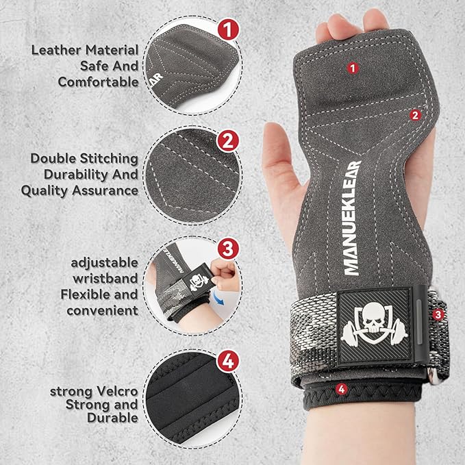 MANUEKLEAR Gym Straps Weight Lifting, Double Leather Lifting Straps for Men Deadlift with Cushion Wrist Loop, Gym Lifting Wrist Wraps for Weightlifting