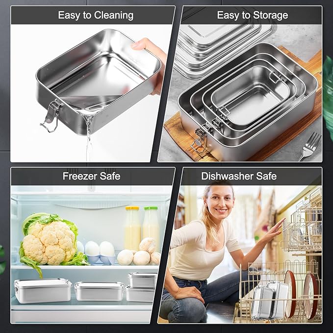 Umigy 8 Pcs Stainless Steel Food Containers Metal Bento Lunch Box Stainless Steel Food Storage Containers, Lockable Clips to Leak Proof, Reusable Dishwasher Snack Boxes for Work, Picnic (4 Sizes)