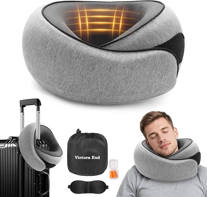 Ergonomic Travel Neck Pillow with Memory Foam Support – Comfortable Airplane Pillow for Adults, Portable Neck Cushion for Car, Office and Long Flights with Eye Mask, Earplug Holder and Carry Bag