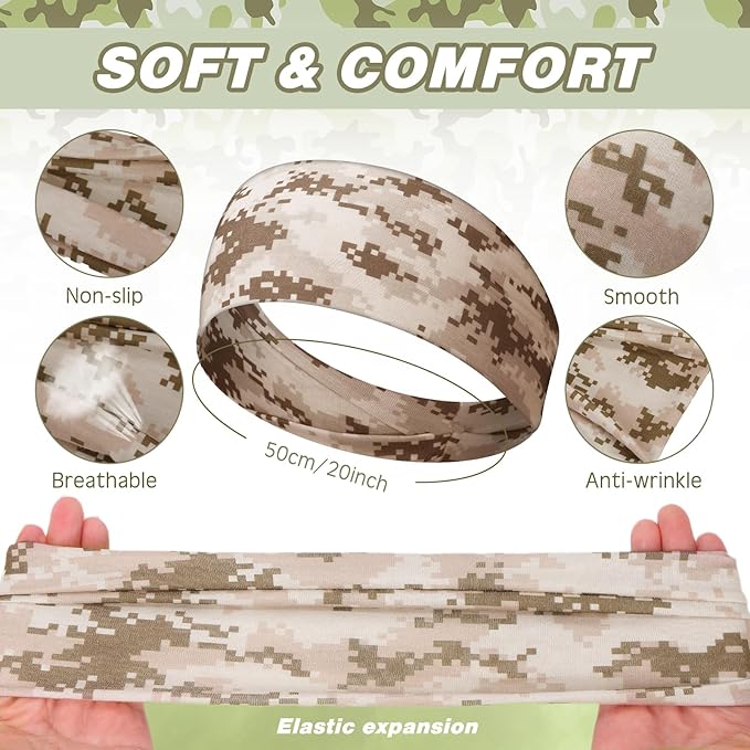 18 Pcs Sports Sweatbands for Men Women Camo Headbands Workout Non Slip Headbands Breathable Head Band Fitness Stretchy Unisex Hairband for Yoga Running Cycling Ball