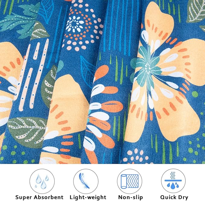 Colorful Star Yoga Towel with Corner Pockets, Non Slip Grip Dots Sweat Absorbent Hot Yoga Mat Towels, Yoga Blankets with Travel Bag, Mat Cover for Workout, Gym, Fitness - 70"x26", Blue Yellow Flowers