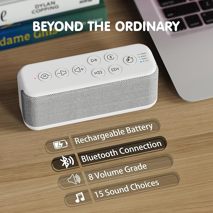 OnLyee White Noise Sound Machine with Bluetooth Speaker, 15 Soothing Sounds, Office Privacy & Noise Canceling, 3000mAh Rechargeable Battery, Auto-Off Timer & 8-Level Volumeā Ideal for Baby