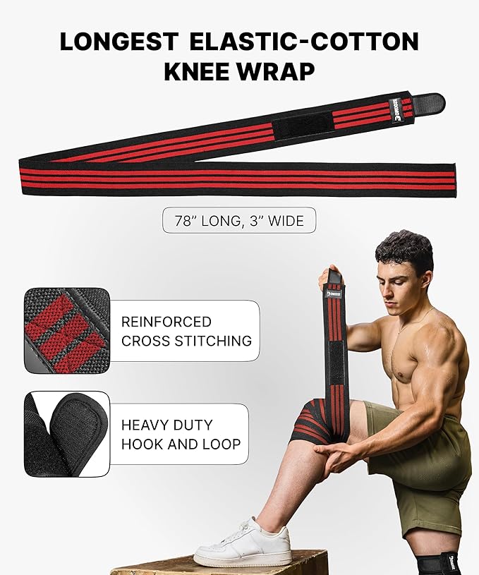 DMoose Fitness Knee Wraps for Weightlifting (Pair) – 78” Gym Brace Straps for Joint Stability & Pain Relief - Perfect for Squats & Working Out - USPA Approved Knee Wrap Supports for Men and Women