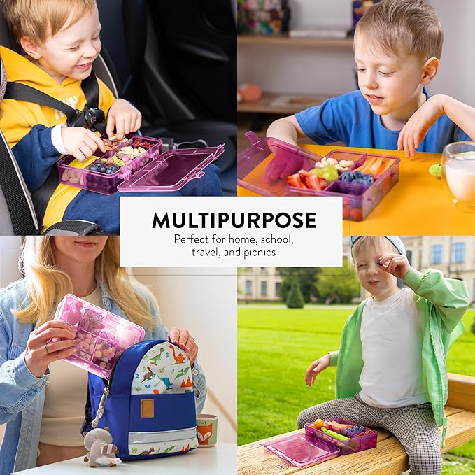 Snack Box Containers Set of 2-Reusable,100 Dissolvable Labels, 8 Adjustable Compartments, Dishwasher Safe, BPA-Free, Meal Prep Container, PARENT TESTED PARENT APPROVED AWARD (2 Pack) (Purple)