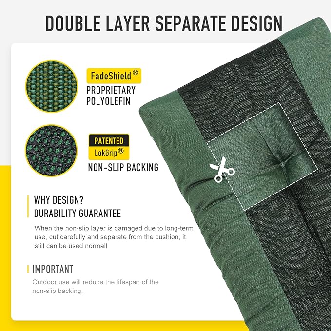 SUNROX LokGrip Non Slip Tufted Memory Foam Bench Cushion, FadeShield Water Resistant Durable Thicken Outdoor/Indoor Bench Seat Pads 54x16x4 inch, Heather Fern