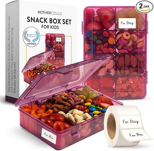Snack Box Containers Set of 2-Reusable,100 Dissolvable Labels, 8 Adjustable Compartments, Dishwasher Safe, BPA-Free, Meal Prep Container, PARENT TESTED PARENT APPROVED AWARD (2 Pack) (Purple)