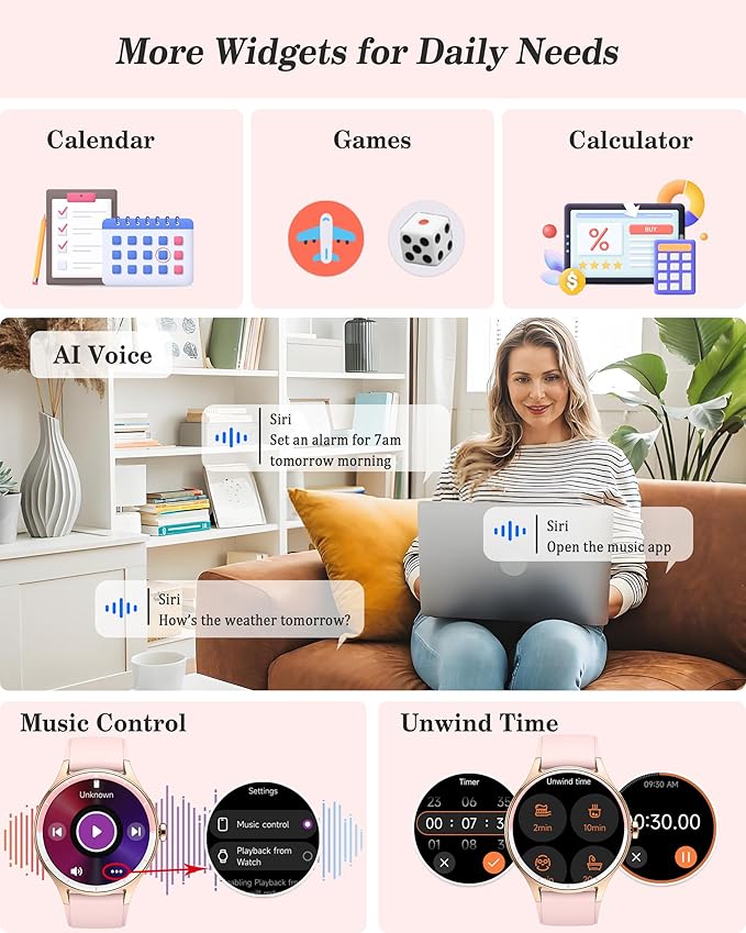 Smart Watch, 41mm Fitness Tracker, Answer/Make Calls, Digital Smartwatch with Heart Rate/Stress/Sleep Monitor, AI Voice, IP68 Waterproof Watch Calculator, Calendar, Games for Lady Women & Men