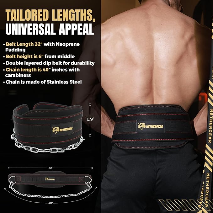 Dip Belt for Weight Lifting with 36” Heavy-Duty Steel Chain, Comfortable Neoprene & Strong Stitching, Weighted Belt Ideal for Bodybuilding, Powerlifting, Pull Ups & Squats