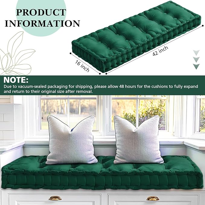 Bench Cushions for Indoor Furniture 42x16 in Velvet Kitchen Dining Piano Window Seat Cushion, Tufted Patio Porch Swing Thicken Bench Pad Memory Foam for Christmas Home Decor(Dark Green)