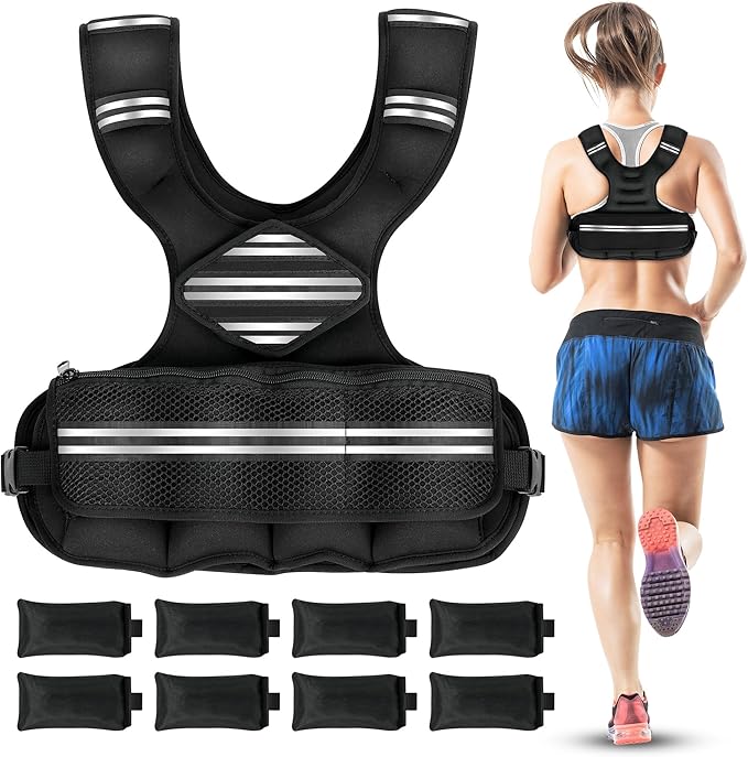 Adjustable Weighted Vest for Women Men, 6-18 LBS Weighted Walking Vest with 8 Ironsand Weights & Reflective Strip, Strength Training Weight Vests for Running GYM Home Workout, Large Zippered Pocket