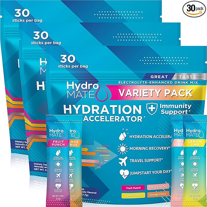 HydroMATE Electrolyte Powder Variety Pack Bulk Hydration Packets Low Sugar 90 Count