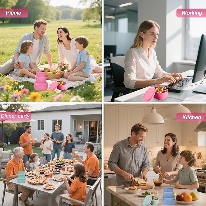 Reusable Nesting Silicone Food Storage Containers, Set of 3 Lunch Box Bento with Lids, Airtight Snack Container, BPA Free, Dishwasher Microwave Oven Freezer Safe (6.7oz, 10oz, 20oz) (Pink)