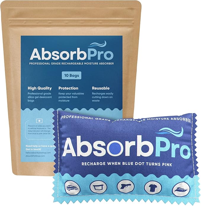 Rechargeable Dehumidifier Bag 10-Pack - 100g Reusable Moisture Absorbers - Silica Gel Packets for Bins, Totes, Gun Safe, Food Storage, Clothes, Cars, and Boats