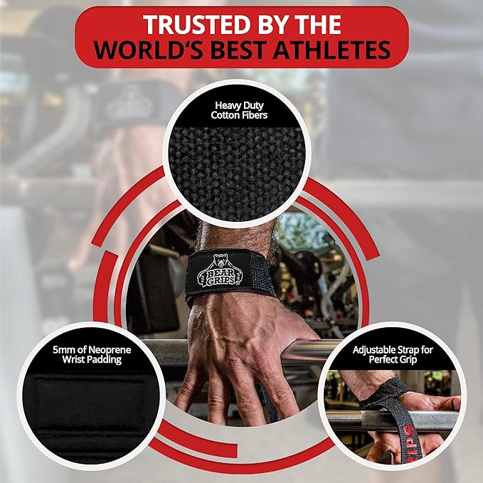 Bear Grips Lifting Straps - Gym & Weightlifting Straps for Men & Women, Deadlift Support, 2 Pairs
