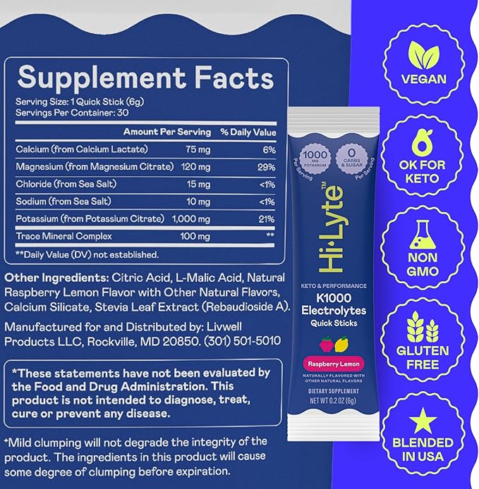 Hi-Lyte K1000 Electrolytes Sticks Raspberry Lemon Keto & Performance, 30 Servings - 1000mg Potassium + Magnesium, Sodium, Trace Minerals - 0 Carbs, 0 Sugar