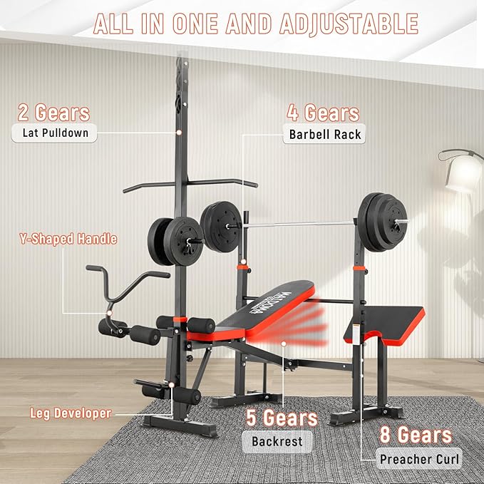 1500LBS 8 in 1 Olympic Weight Bench Set with Leg Extension/Curl and Preacher Curl, Bench Press Set and barbell Rack with Safety Bar Catches, Foldable Workout Benches for Home(US Stock)