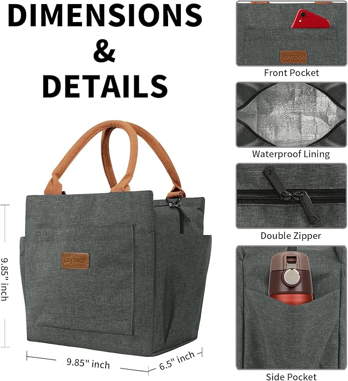 Joymee Lunch Bag Women Insulated Lunch Box Reusable Leakproof Large Spacious Cooler Tote for Womens Mens Adults with Bottle Holder and Side Pockets for Work Office Travel Picnic -Charcoal Gray