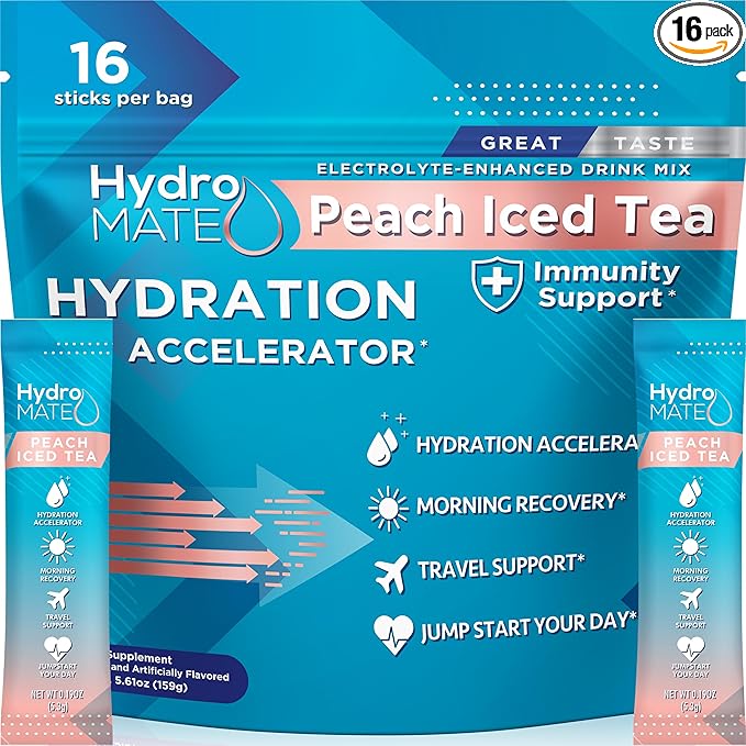 HydroMATE Electrolyte Powder Peach Tea Hydration Packets Low Sugar 16 Count