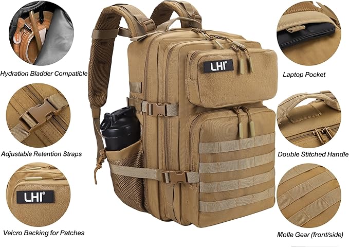 LHI Military Tactical Backpack for Men and Women 45L Army 3 Days Assault Pack Bag Large Rucksack with Molle System