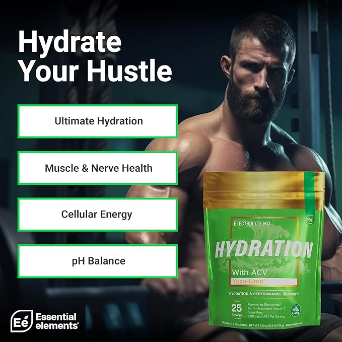Essential Elements Hydration Packets - Yuzu Lime Pack - Sugar Free Electrolytes Powder Packets - 25 Stick Packs of Electrolytes Powder No Sugar - Hydration Drink - with ACV & Vitamin C