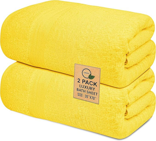 100% Cotton Luxury Bath Sheets - Pack of 2 (35" x 70") | Super Soft, Quick-Dry & Highly Absorbent Towels for Bathroom, Home, Spa & Gym (Yellow)