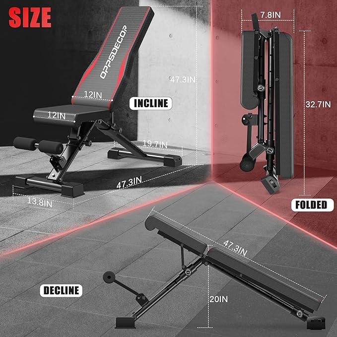 OPPSDECOR Adjustable Weight Bench, 900LBS Easy Assembly Fast Folding Workout Bench, Space Saving Weight Benches Incline Decline Flat Utility Bench Press Bench for Home Gym Strength Training