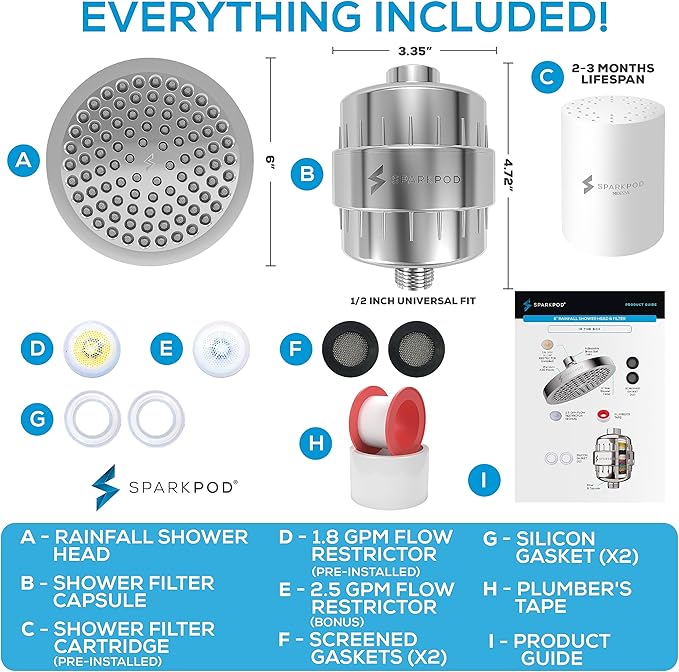 SparkPod Luxury Filtered Shower Head Set 23 Stage Shower Filter - Reduces Chlorine and Heavy Metals - High Pressure Showerhead Filter (6" Round, Luxury Polished Chrome)
