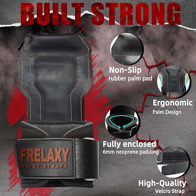 Frelaxy Lifting Wrist Straps, Rubber Weight Lifting Grips with Non-Slip Palm & Wrist Wraps Support for Deadlifts, Pull Ups, Rows, Heavy Powerlifting, Lat Pulldowns