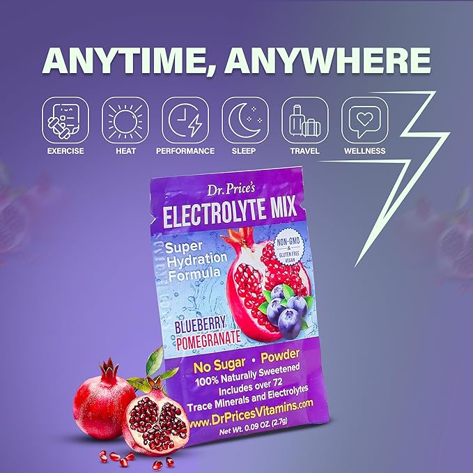 Dr. Price’s Electrolyte Mix | Sugar-Free Hydration Powder with 72+ Trace Minerals | No Sugar, Fast-Dissolving Electrolytes Powder Packets | Blueberry-Pomegranate (30 Packs)