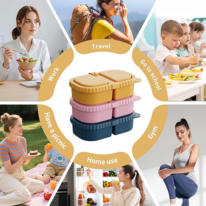 3 Pack Reusable Silicone Snack Containers with Lids, 8.5oz 2 Compartment Snackle Box Containers,Ideal Portable Small Food Storage Box for School, Office and Picnic(Blue, Pink, Yellow)