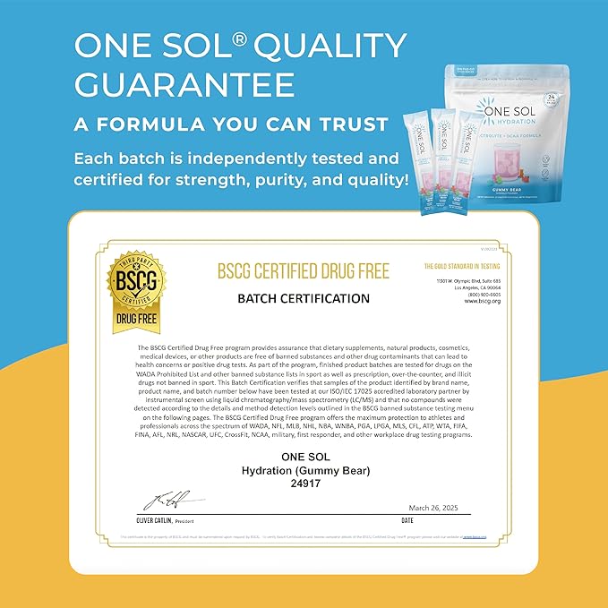 One Sol BCAA & Electrolyte Powder for Hydration & Energy, All-Natural Formula, 100% Vegan, Non-GMO, Gluten Free & Soy-Free, Promotes Muscle Growth & Recovery, Gummy Bear Flavor