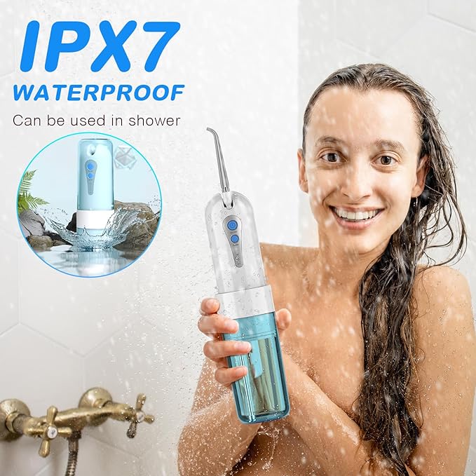 Water Dental Flosser for Teeth Cleaning and Flossing with Travel Size Case โ Rechargeable Oral Irrigator, KOOVON Portable Water Flosser for Adults, IPX7 Waterproof, 5 Jet Tips & 4 Modes, Blue