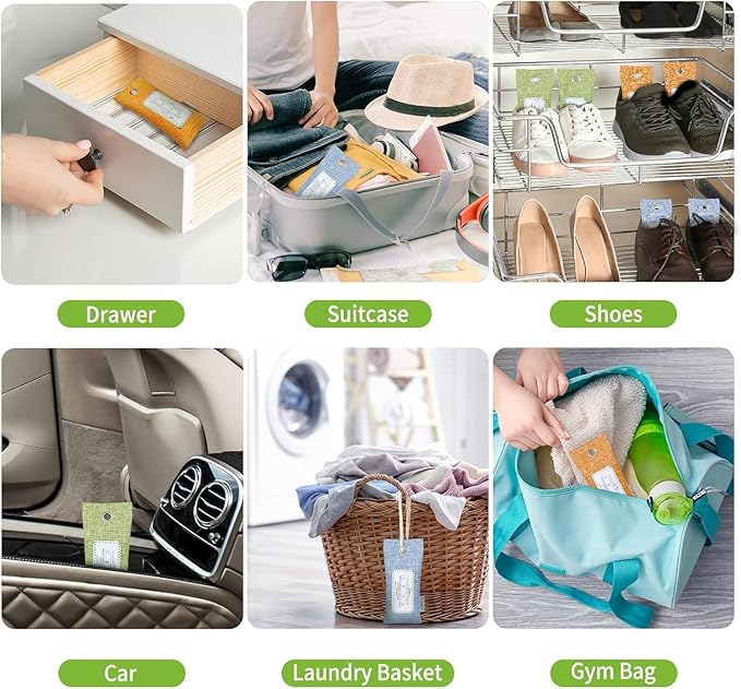 CLEVAST 6 Pack Bamboo Charcoal Air Purifying Bags(6x60g), Activated Natural Home Odor Absorber, Deodorizer and Moisture Eliminator, Purifier for Closet, Shoe, Car Air freshener, Pet Safe