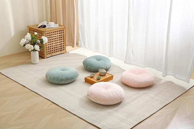 Floor Pillow Meditation Cushion Round Large Floor Pillows Seating for Adults, Velvet Thick Floor Cushions for Yoga Living Room Balcony Outdoor Tatami 18inch(Green)