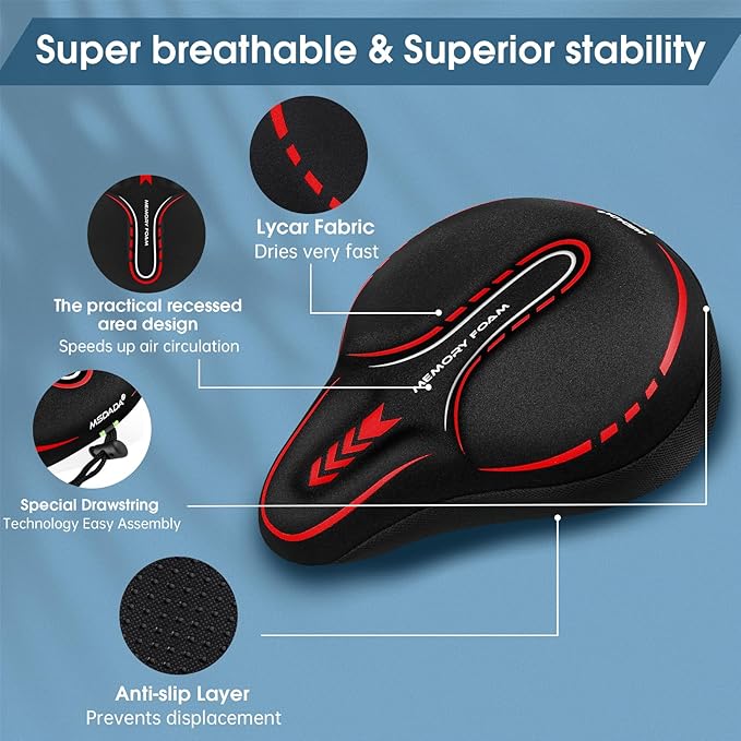 MSDADA New Large Gel Bike Seat Cover, Extra Soft Bike Seat Cushion for Men Women Comfort Wide, Fits Indoor/Outdoor/Exercise Bikes (11.22 inch x 10.03 inch)