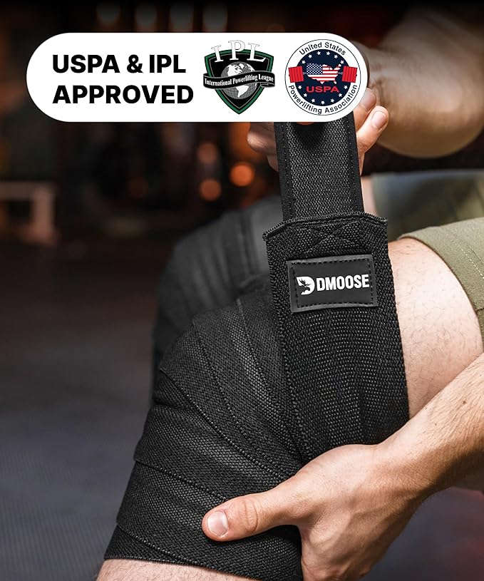 DMoose Fitness Knee Wraps for Weightlifting (Pair) – 78” Gym Brace Straps for Joint Stability & Pain Relief - Perfect for Squats & Working Out - USPA Approved Knee Wrap Supports for Men and Women